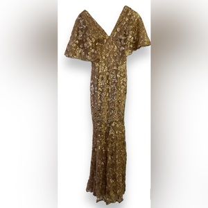 NEW Dress the Population Women's Lourdes Flutter Sleeve Sequin Lace Long Gown